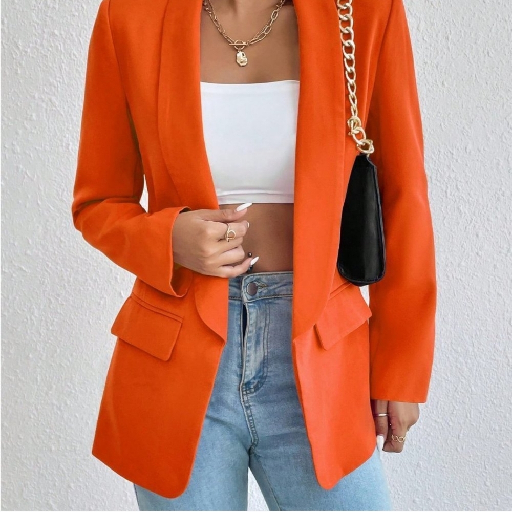 Orange Preppy Womens Solid Shawl Collar Blazer - Picture 4 of 5